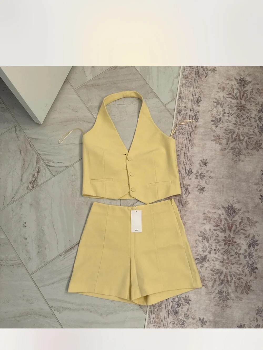 Mango Pale Yellow Halter Crop Top & High-Waist Shorts Set
